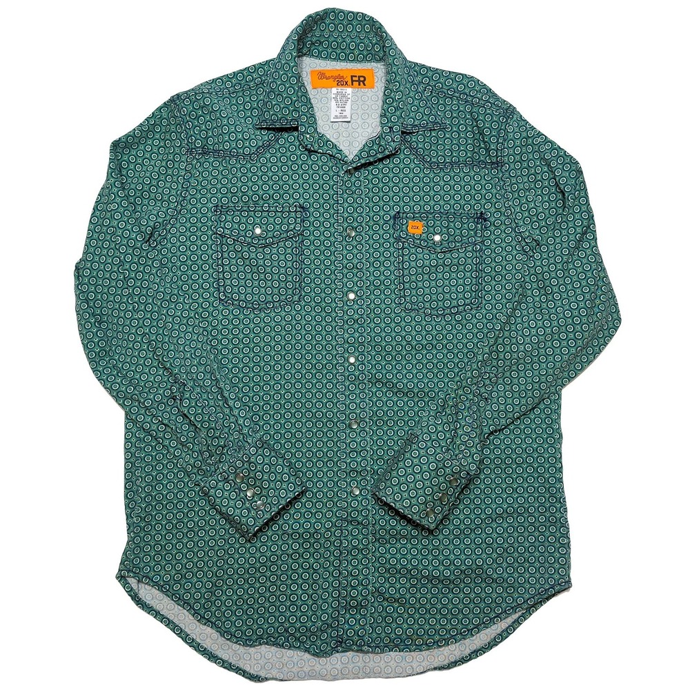 Wrangler 20x FR Flame Resistant Pearl Snap Shirt Mens Large Green Dots HRC2